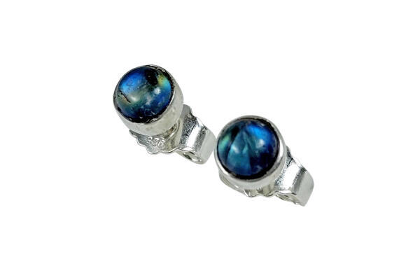 Ohrringe Mini-Ohrstecker Silber 925 mit Regenbogen-Mondstein dunkelblau 4 mm