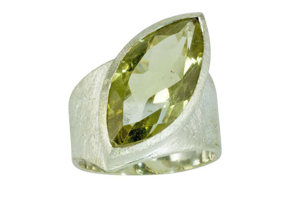 Ring Silber 925 mit Lemon-Citrin facettiert Navette 11x22 mm eismattiert gebürstet 18,0 mm