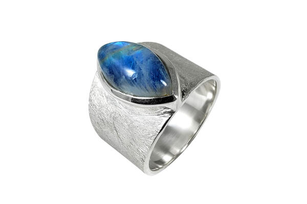 Ring Silber 925 mit Regenbogen-Mondstein dunkel Navette eismatt gebürstet 10x20 mm