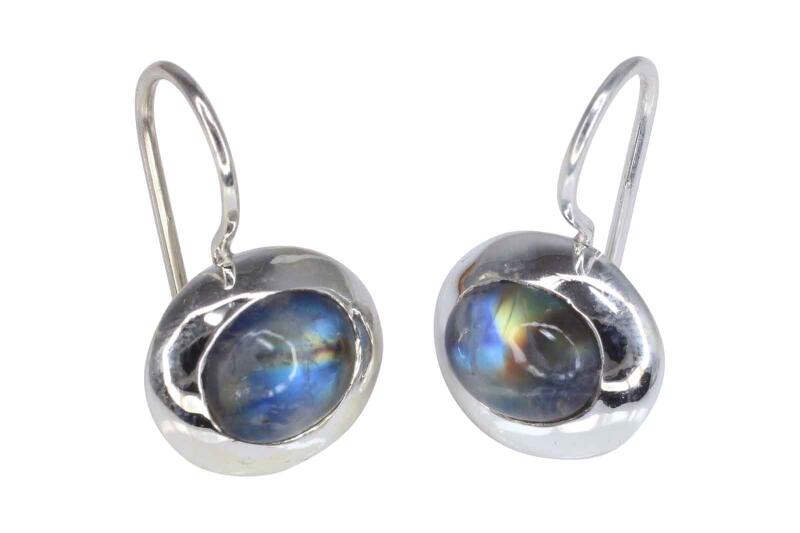 Ohrringe Ohrhänger Silber 925 mit Regenbogen-Mondstein dunkel unterlegt