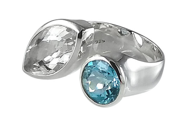 Ring Silber 925  mit Bergkristall Navette und Blautopas rund  facettiert 18,0 mm