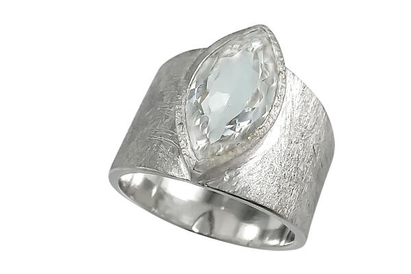 Ring Silber 925 mit Bergkristall facettiert Navette eismatt gebürstet 17,2 (54)