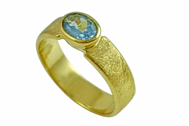 Ring 925 Silber 14 K vergoldet mit Aquamarin eismattiert 16,9 (53)