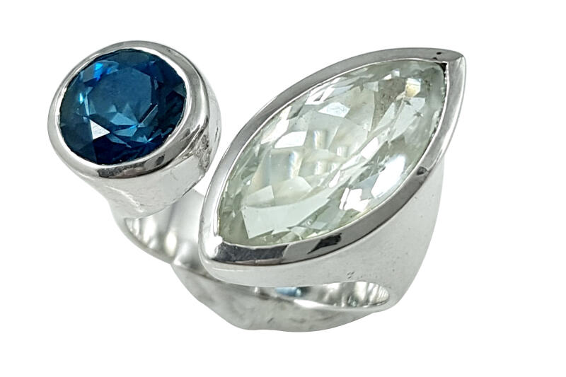 Ring Silber 925  mit Bergkristall und Blautopas London Blue  19,1 (60)